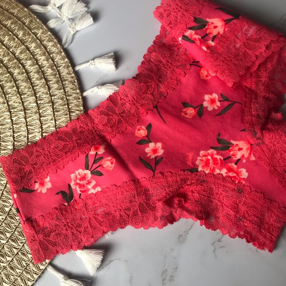 Victoria’s Secret PINK Lace Trim Cheekster Panty Coral Pink Dafodils NEW - Picture 5 of 6